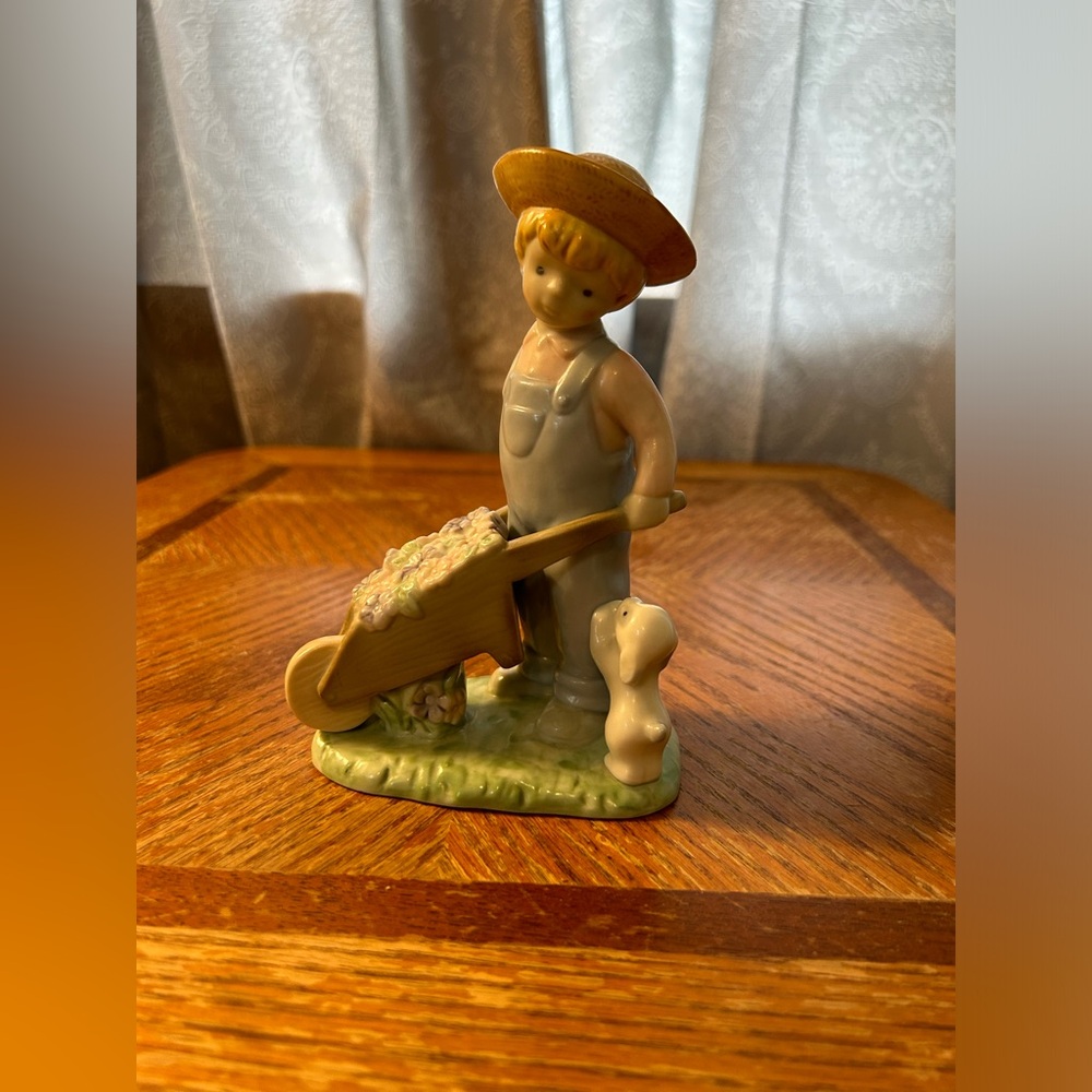 Vintage 1991 Raecath Enesco Kinka Wheelbarrow Flower Boy